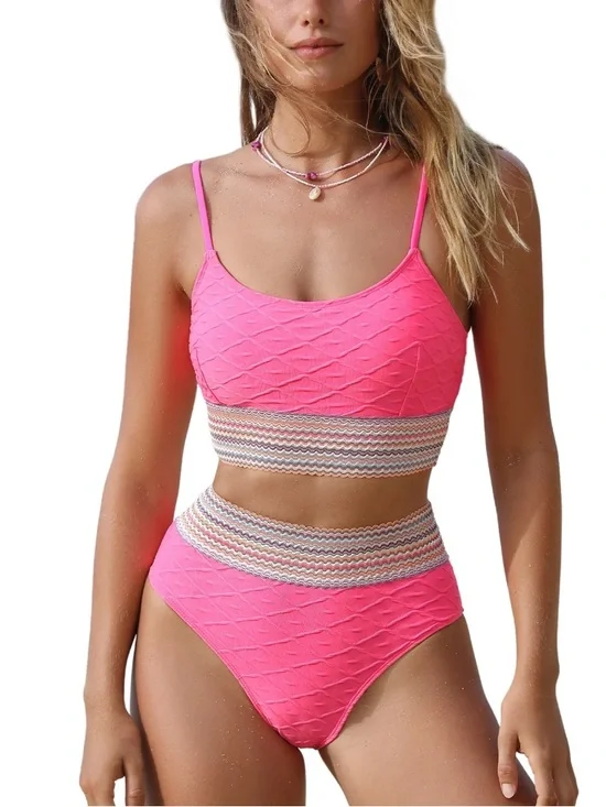 Cupshe Geometric Neon Pink 2 Piece Swimsuit - Picture 8 of 8